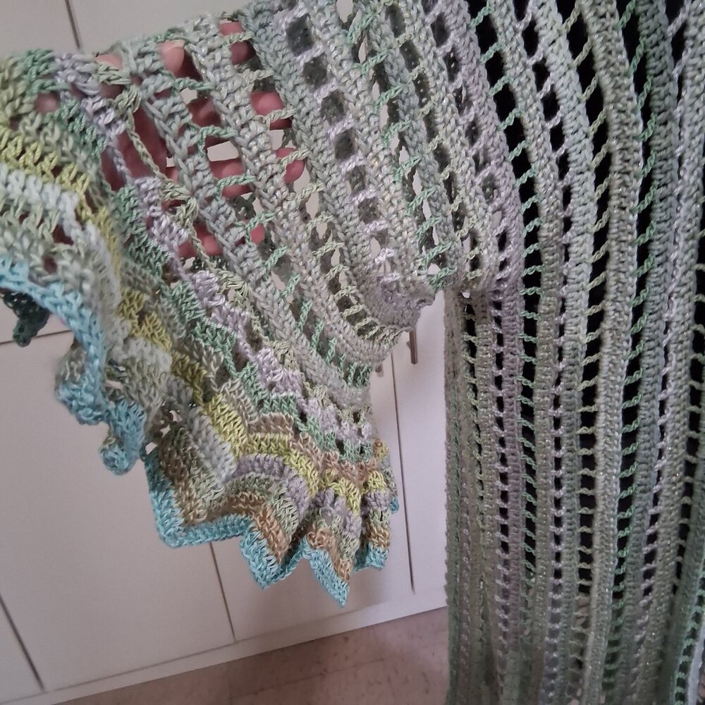 Light Green Mesh Boho Long Ruffle Edge Sweater Large xl - Picture 5 of 9